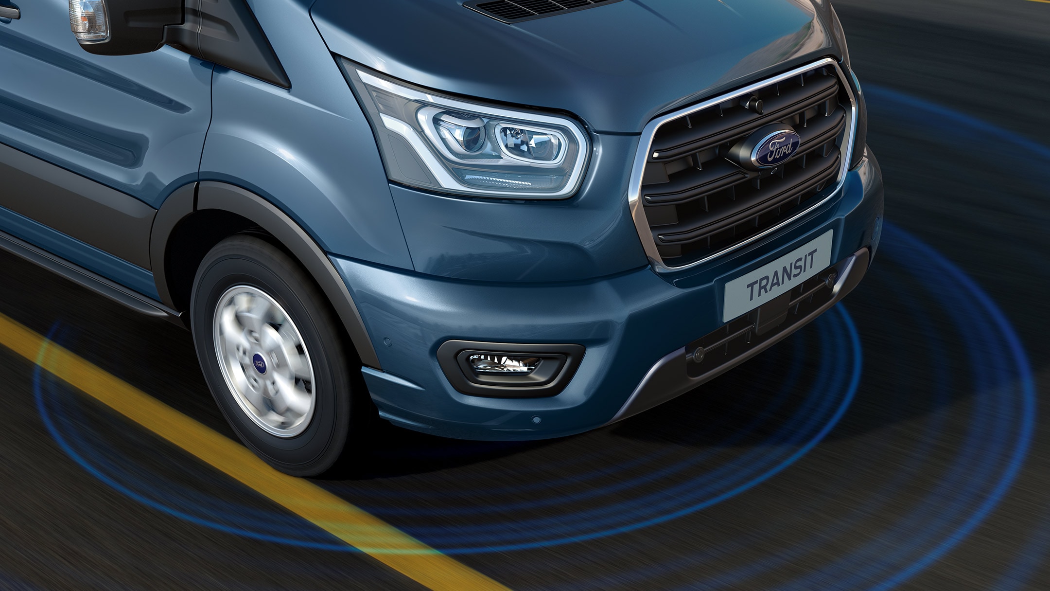 Ford Transit Blau ¾-Frontansicht Kühlergrill
