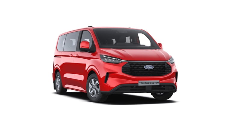 Frontansicht eines roten Ford Tourneo Custom