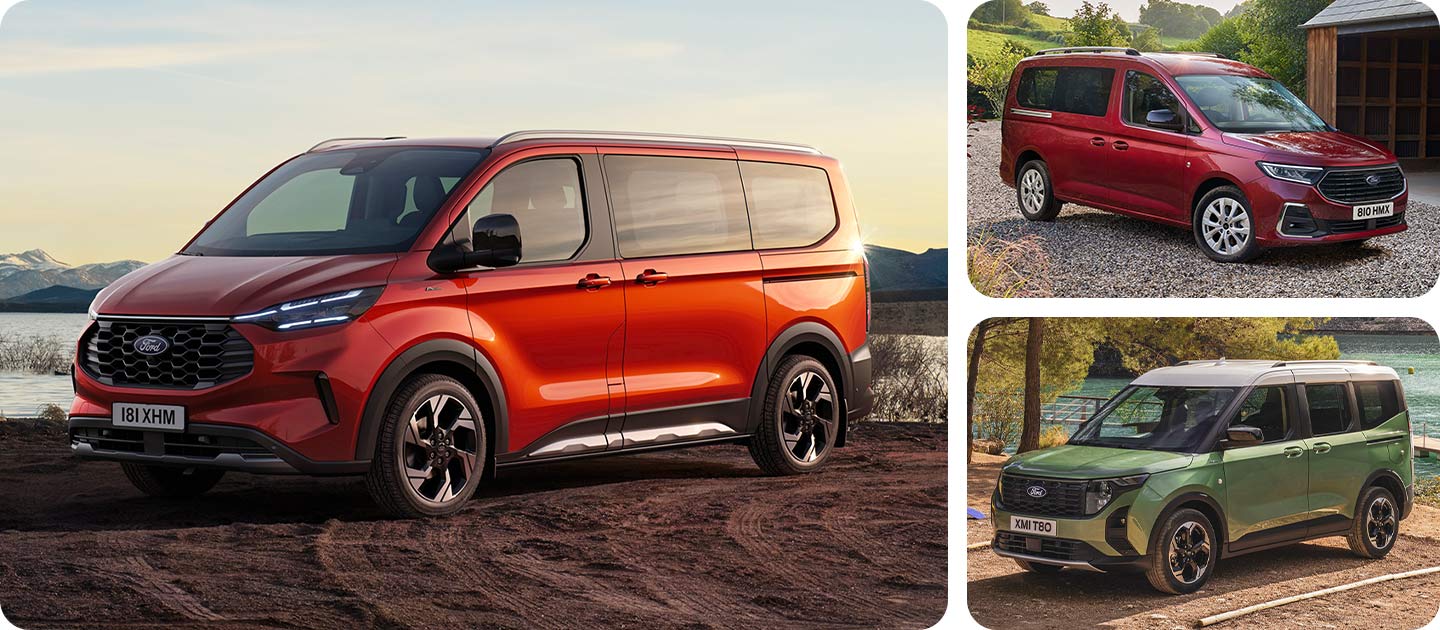 A collage showcasing the All-New Ford Tourneo family, including the Tourneo Connect Active, Tourneo Connect, and Tourneo Courier Active.