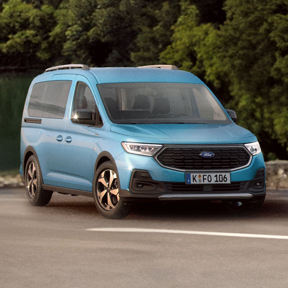 Frontansicht eines blauen Ford Tourneo Connect