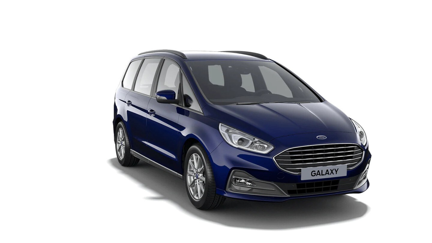 Blue Ford galaxy Titanium from 3/4 front view