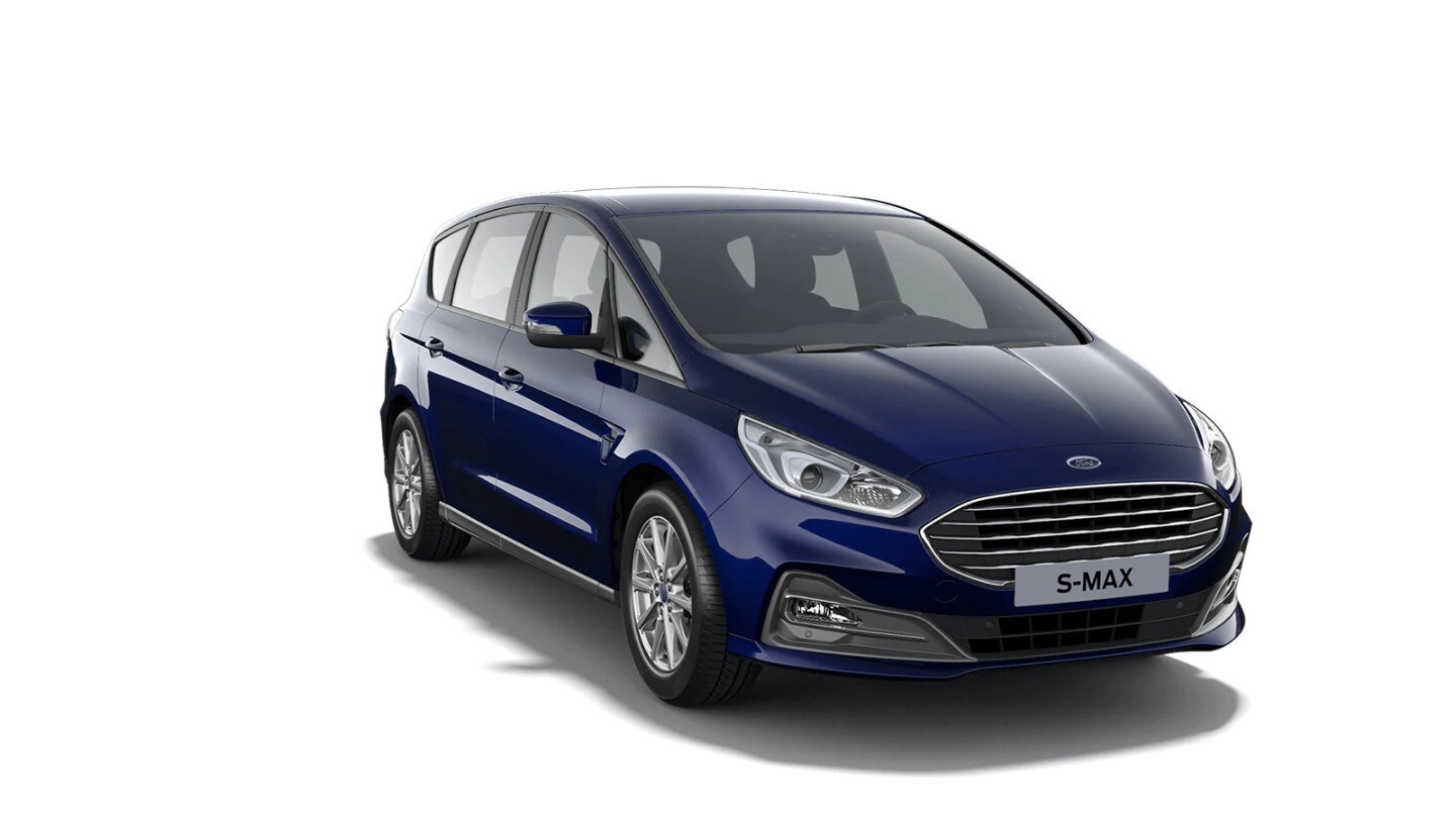 Ford S-MAX Hybrid in Blau. ¾-Frontansicht.