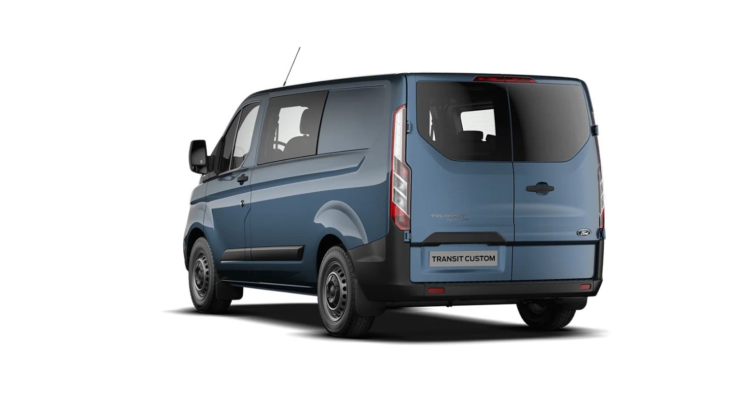 Ford Transit Custom Kastenwagen PKW blau ¾-Heckansicht
