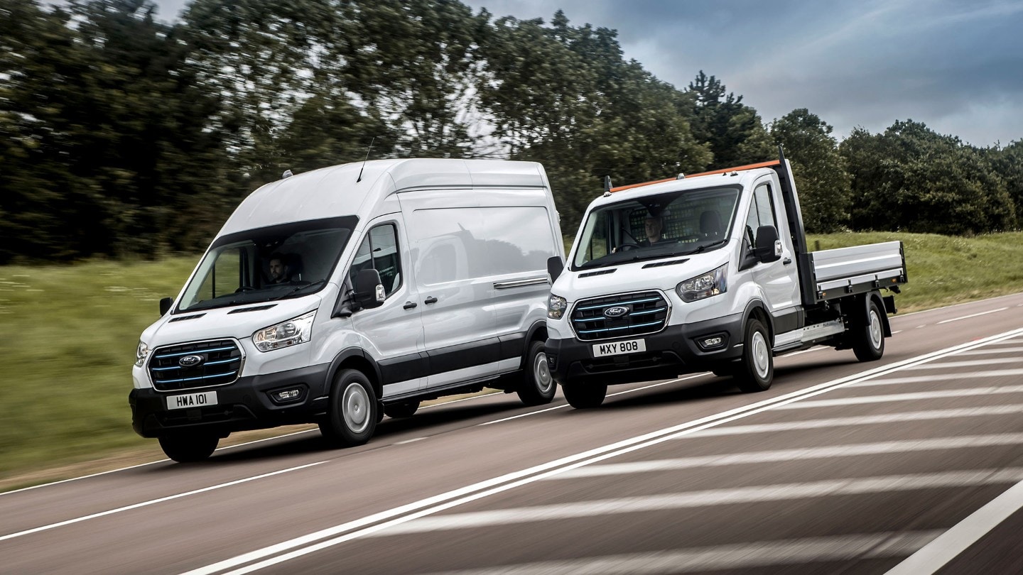 Ford E-Transit cars on the road