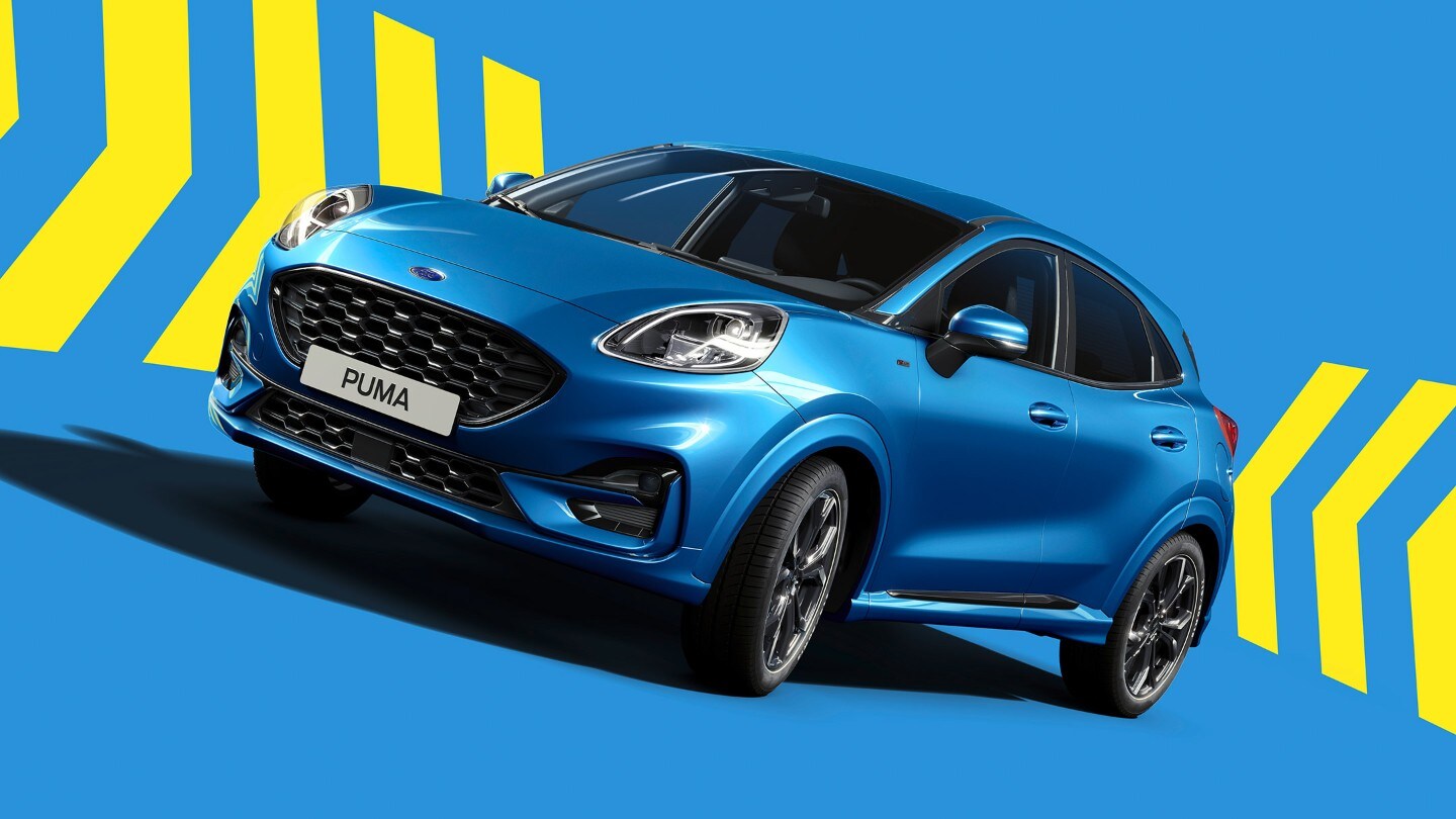 Ford Puma in blauer Farbe, ¾ Frontansicht