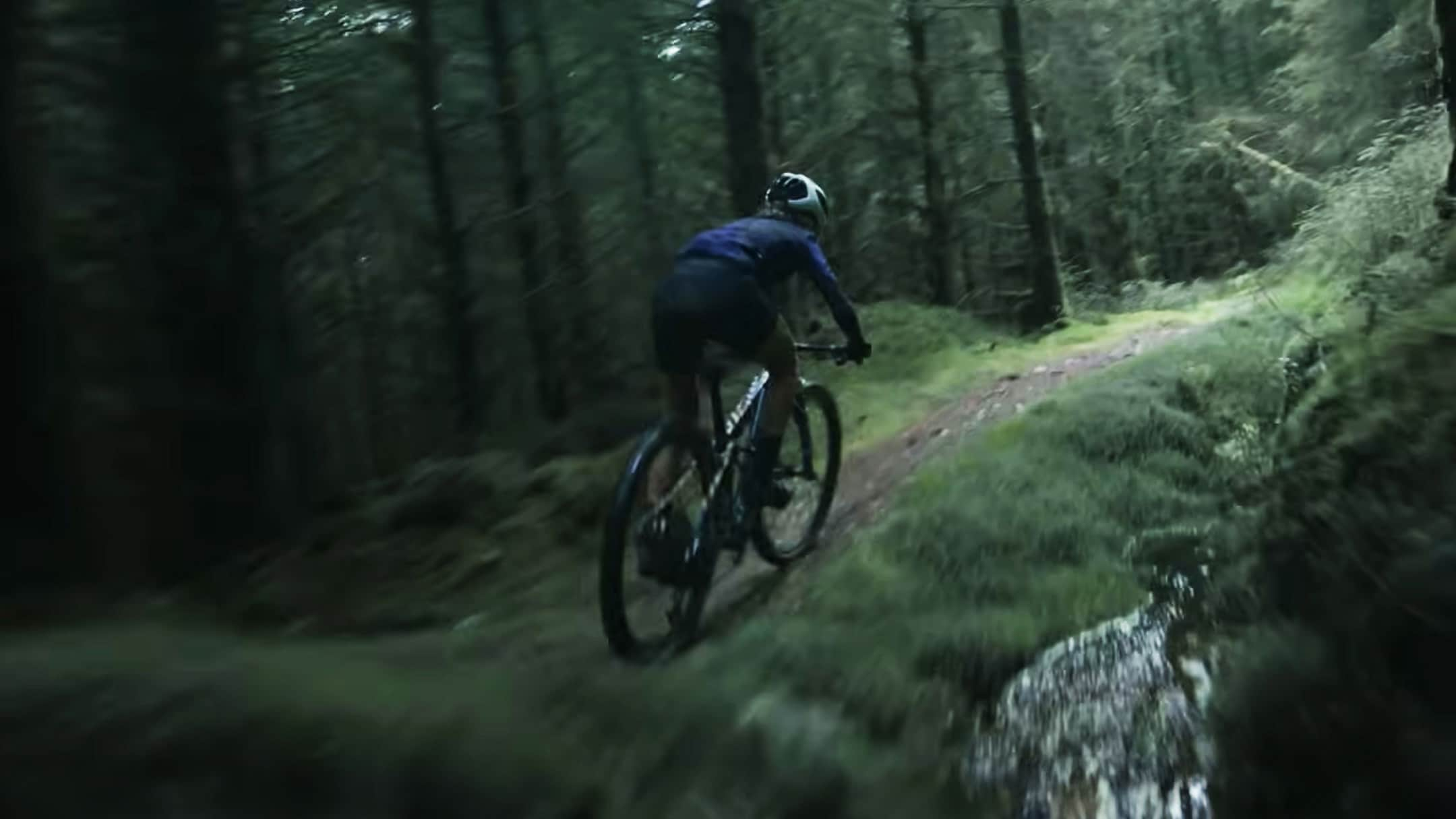 Savilia Blunk beim Mountainbiken auf einem Singletrail im Wald.