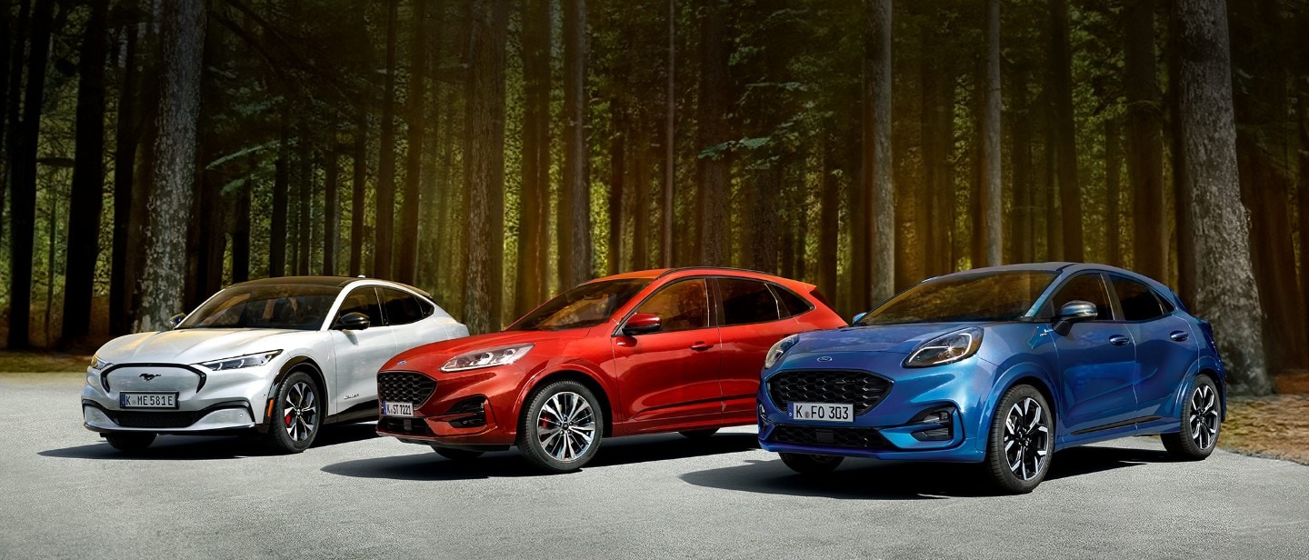 Ford Mustang Mach-E, Ford Kuga and Ford Puma parked