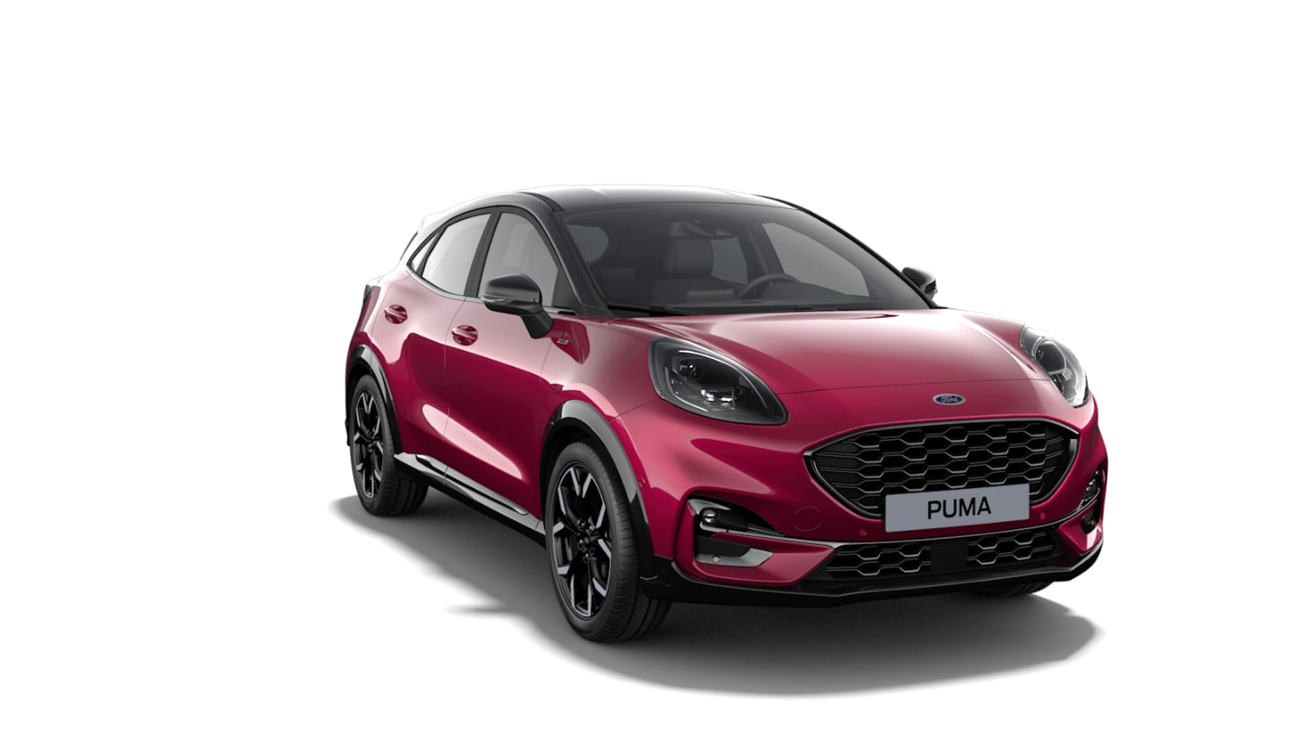 Ford Puma Vivid Ruby Edition. Dreiviertel-Frontansicht.