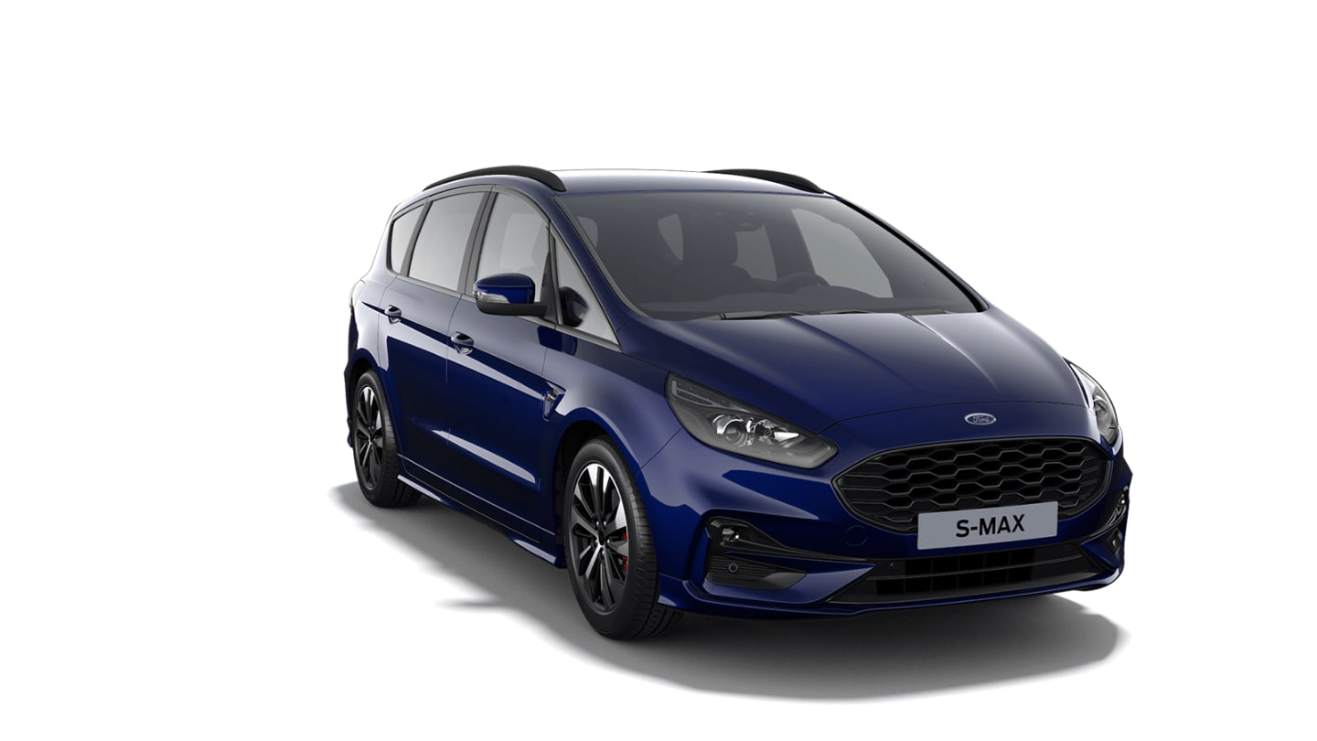Ford S-MAX Hybrid ST-Line 7-sitzer in Blau. ¾-Frontansicht.