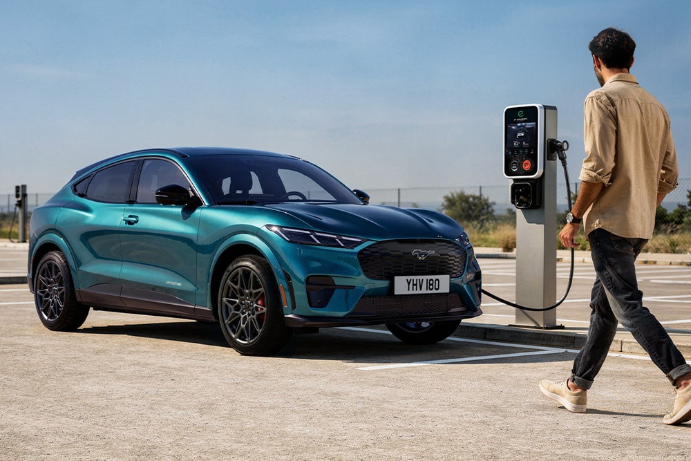 Ein blau-grüner Ford Mustang Mach-E lädt an einer Ladestation im Freien, eine Person geht darauf zu. 
