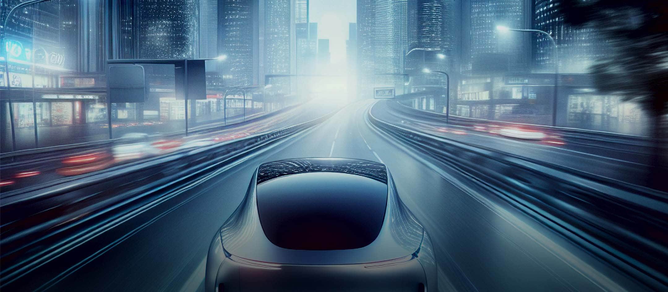 Futuristisches Fahrzeug fährt nachts auf einer Stadtautobahn.