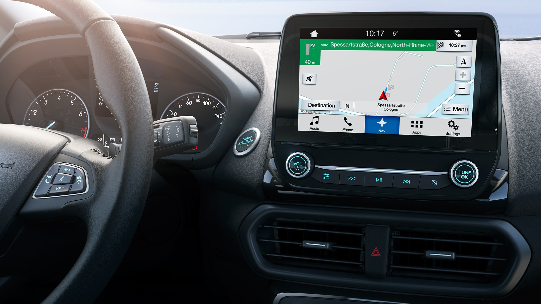 Ford EcoSport Innenansicht mit Lenkrad und Navigationssystem
