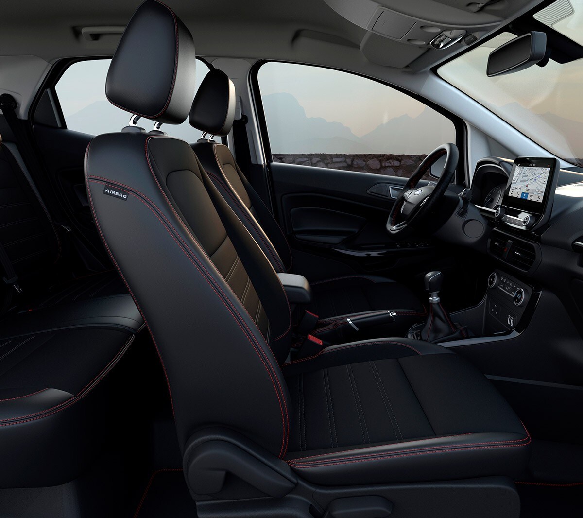 Ford EcoSport. Detailansicht Fahrzeuginnenraum durch geöffnete Beifahrertür 