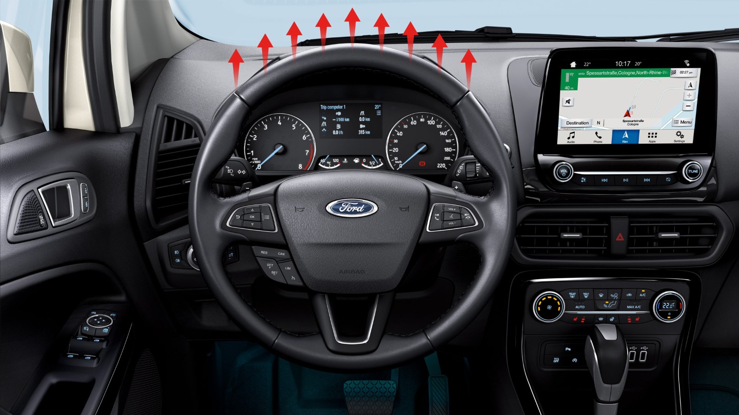 Ford EcoSport. Innenansicht mit Lenkrad und stilisierten Wärmestrahlen nach oben. Visualisierung Lenkradheizung