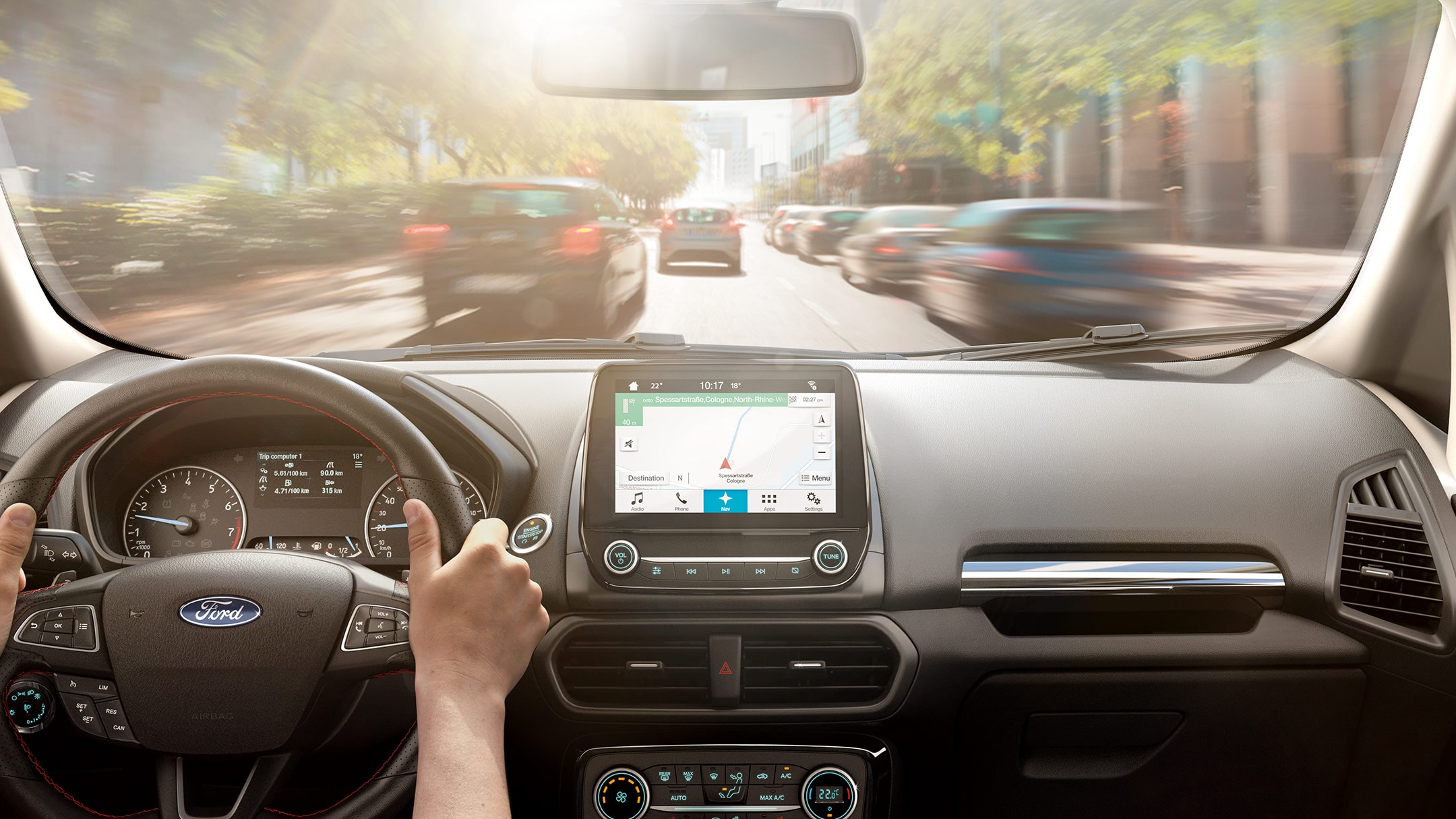 Ford EcoSport. Detailansicht der Instrumententafel mit Lenkrad und Touchscreen