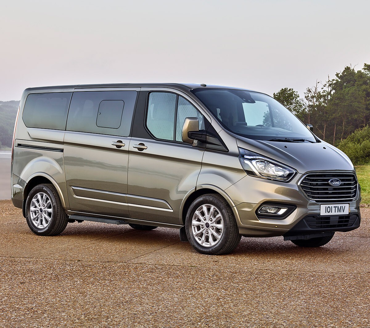 Ford Tourneo  Custom Champagner Seitenansicht parkt vor Gewässer und Wiese