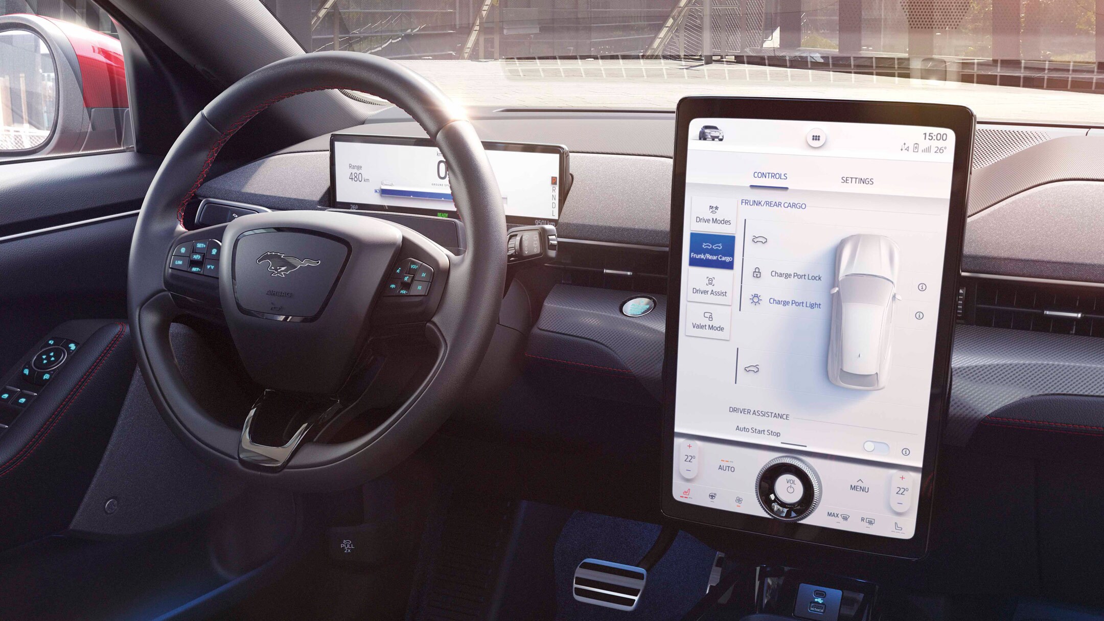 Ford Mustang Mach-E. Innenraum. Detailansicht Ford SYNC 4A Touchscreen