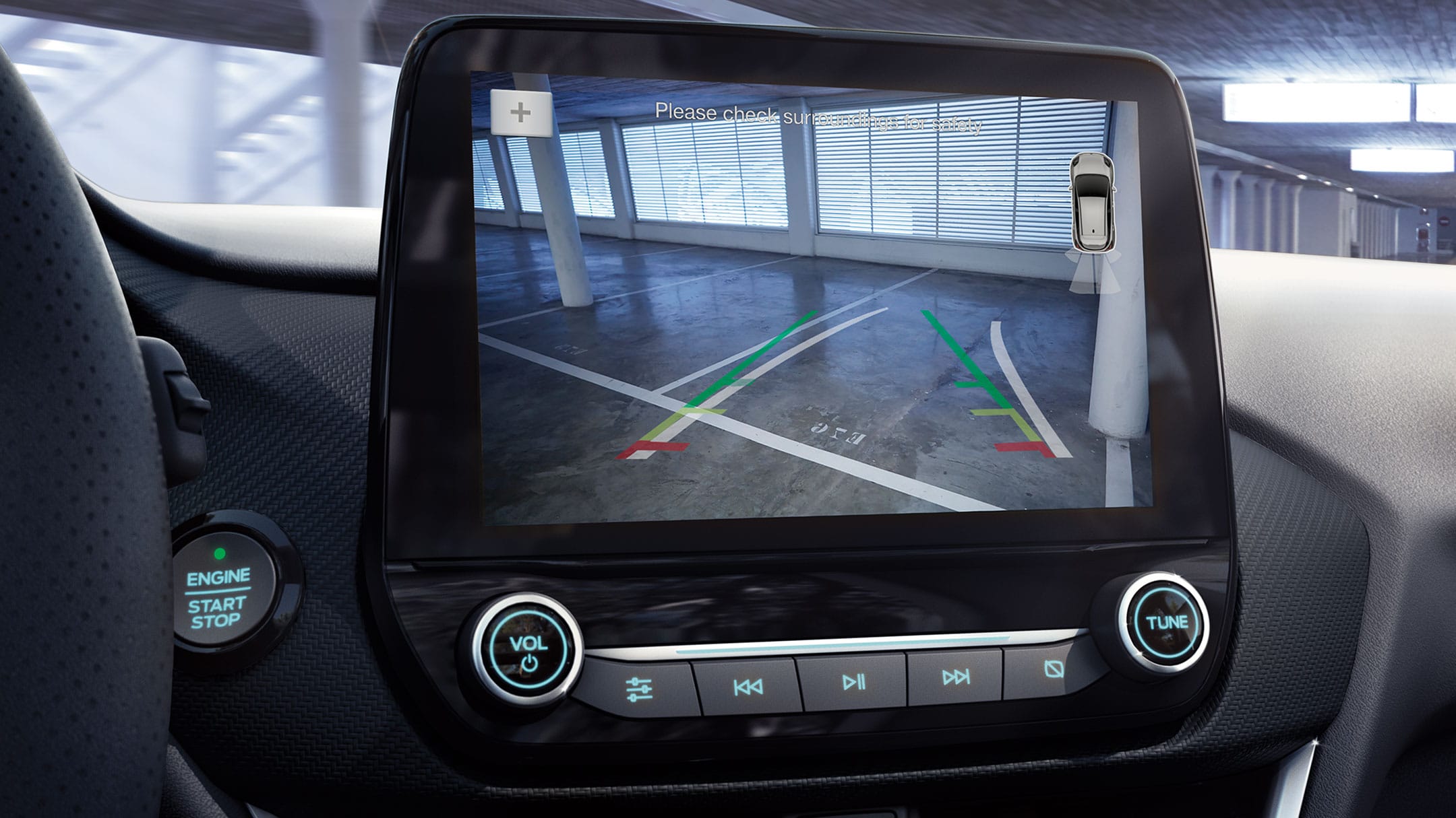 Ford Puma Detailansicht Touchscreen und Rückfahrkamera mit "Split View"-Technologie