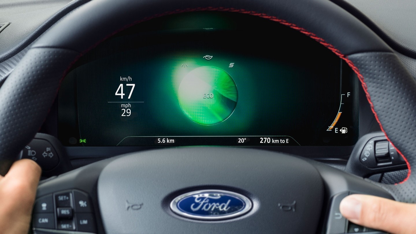 Ford Puma innen, Detailansicht ECO Fahrmodus in digitaler Instrumententafel.