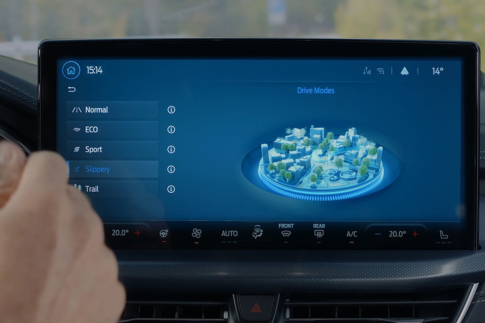 Detailaufnahme des Ford Focus SYNC® 4 Infotainment-Systems mit Hervorhebung der wählbaren Fahrmodi.
