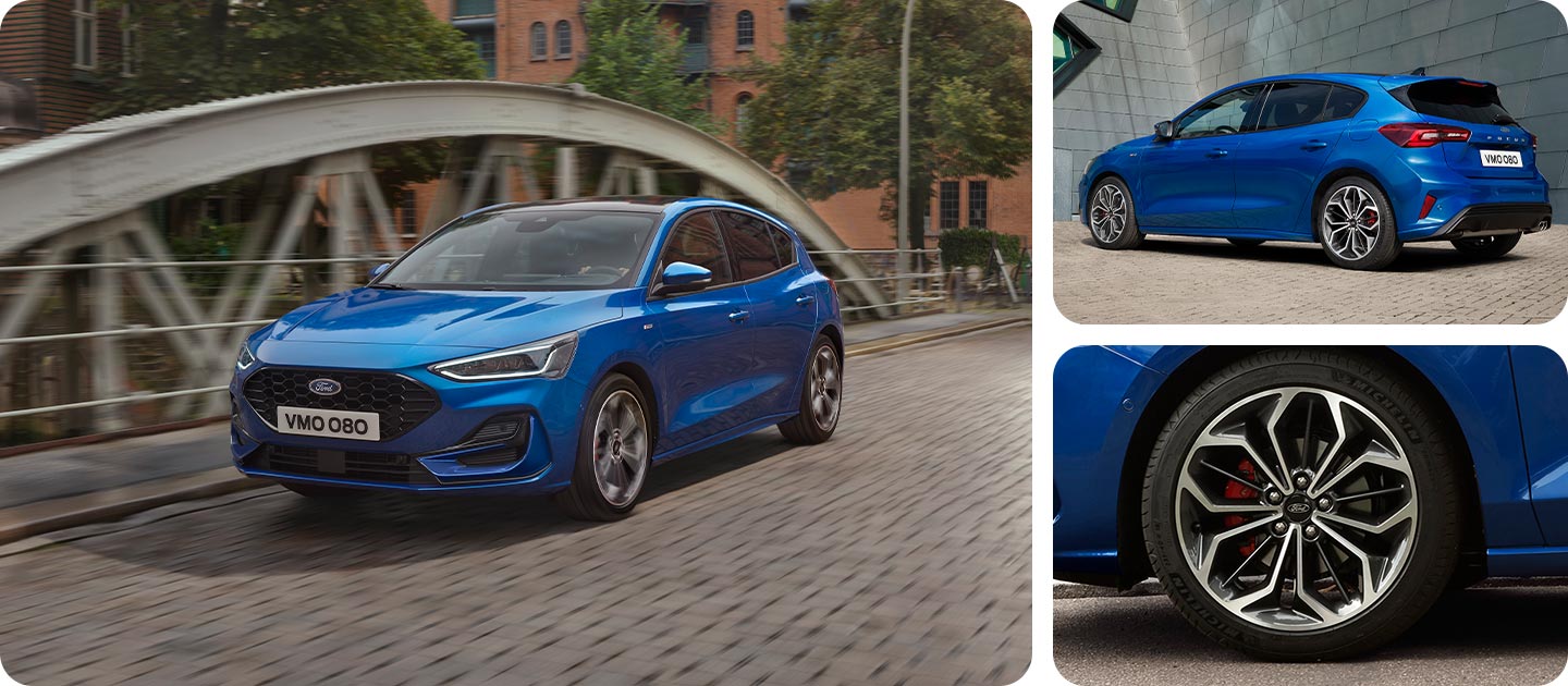 Fotogalerie mit einem blauen Ford Focus Schrägheck, der auf einer Straße fährt, und einer Nahaufnahme der Alufelge.