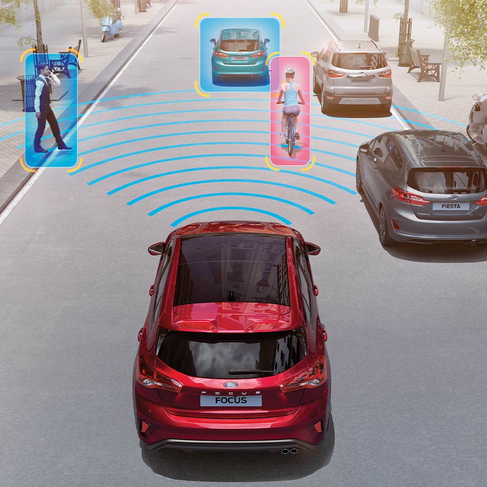 Grafische Darstellung eines roten Ford Focus mit seinen Sicherheits- und Fahrerassistenzsystemen, inklusive Pre-Collision Assist.