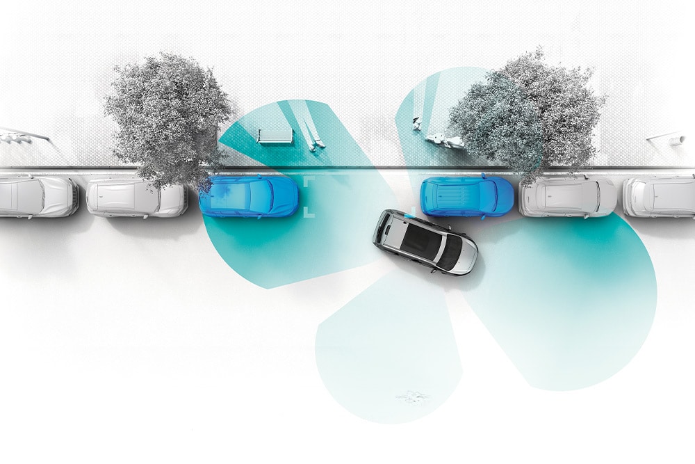 German Eine Grafik des Ford Tourneo Connect bei der Nutzung des aktiven Park-Assistenten.