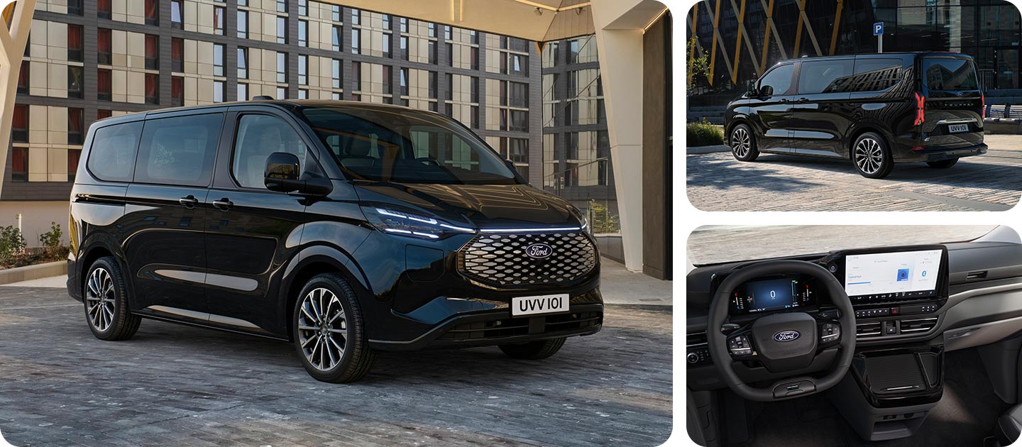 Schwarzer Ford E-Tourneo Custom vor modernem Gebaeude geparkt