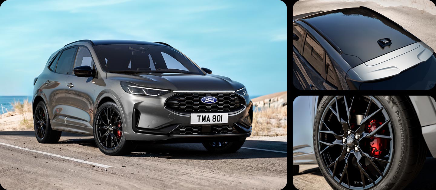 Ein graues Ford Kuga Black Package fahrzeug, mit einer Nahaufnahme der 20-Zoll-Alufelgen in Schwarz und schwarzen Außendetails.