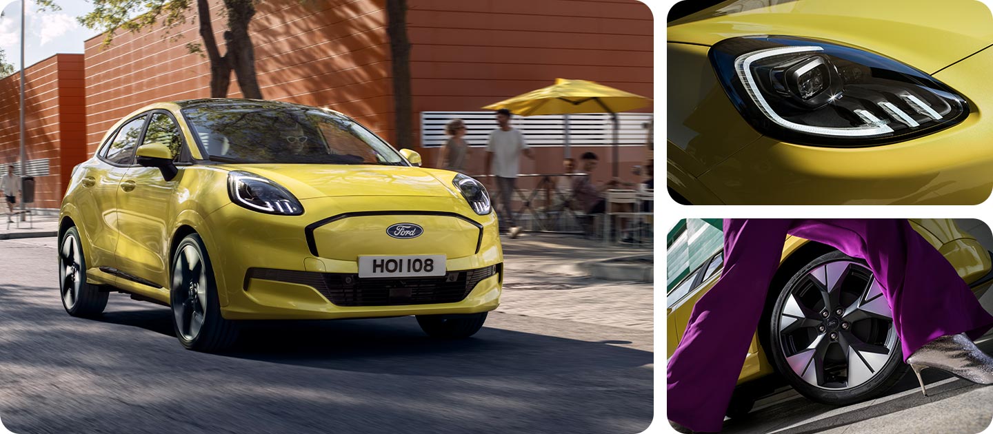 Die Bilder zeigen den gelben elektrischen Ford Puma Gen-E® mit Nahaufnahmen der Frontscheinwerfer und Leichtmetallräder.