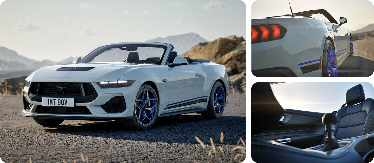 Drei Fotos in einem Raster zeigen einen weißen Ford Mustang GT Convertible California Special auf einer Bergstraße.