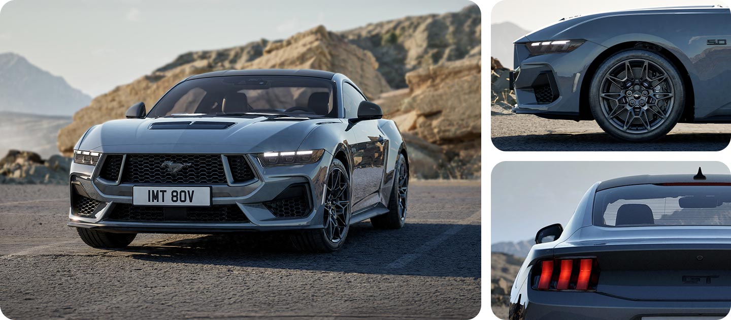 Drei Fotos in einem Raster, die einen grauen Ford Mustang GT Fastback Nite Pony Styling-Paket auf einer Bergstraße zeigen.