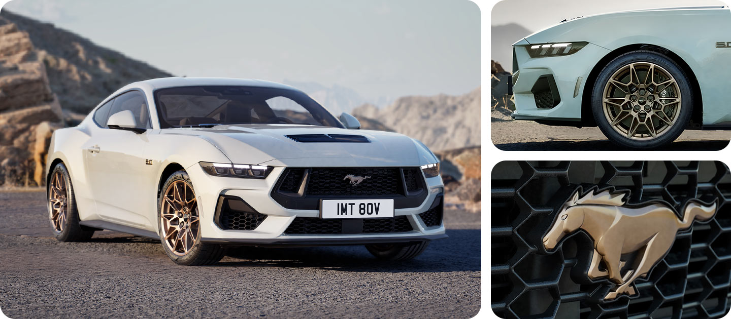 Drei Fotos in einem Raster, die einen weißen Ford Mustang GT mit  Bronze Styling-Paket auf einer Bergstraße zeigen.