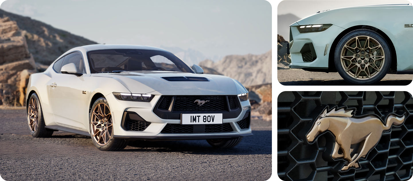 Drei Fotos in einem Raster, die einen weißen Ford Mustang GT mit  Bronze Styling-Paket auf einer Bergstraße zeigen.