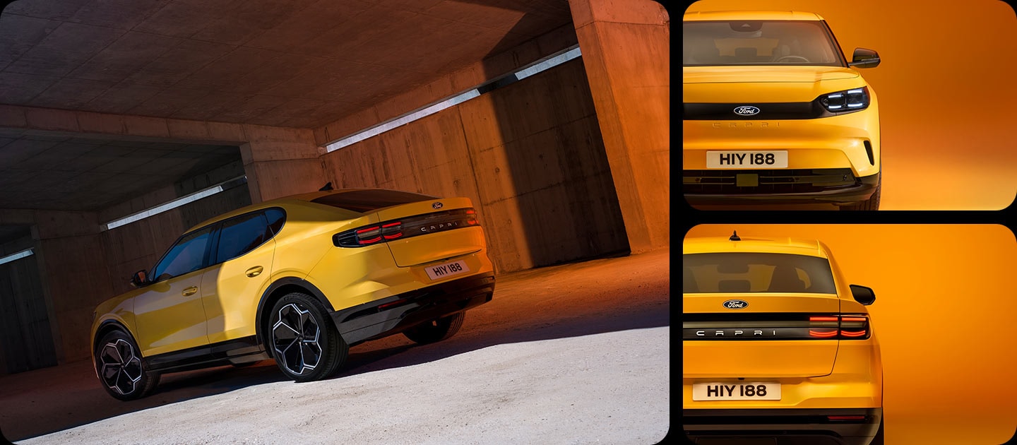 Fotoraster des neuen vollelektrischen Ford Capri® Designs. Nahaufnahmen zeigen das Ford-Emblem vorne und hinten sowie den CAPRI-Schriftzug.