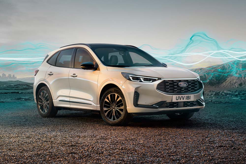 A white Ford Kuga SUV parked outdoors with abstract light effects.