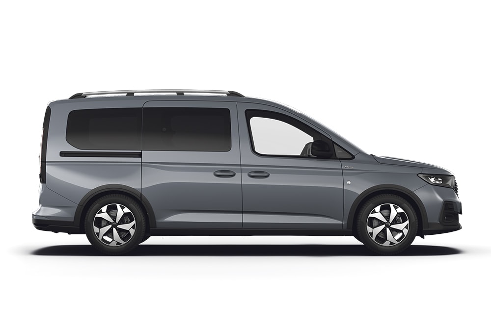 Grauer Ford Tourneo Connect, Teil der Ford-Reihe für Großraumlimousinen und Kleinbusse.