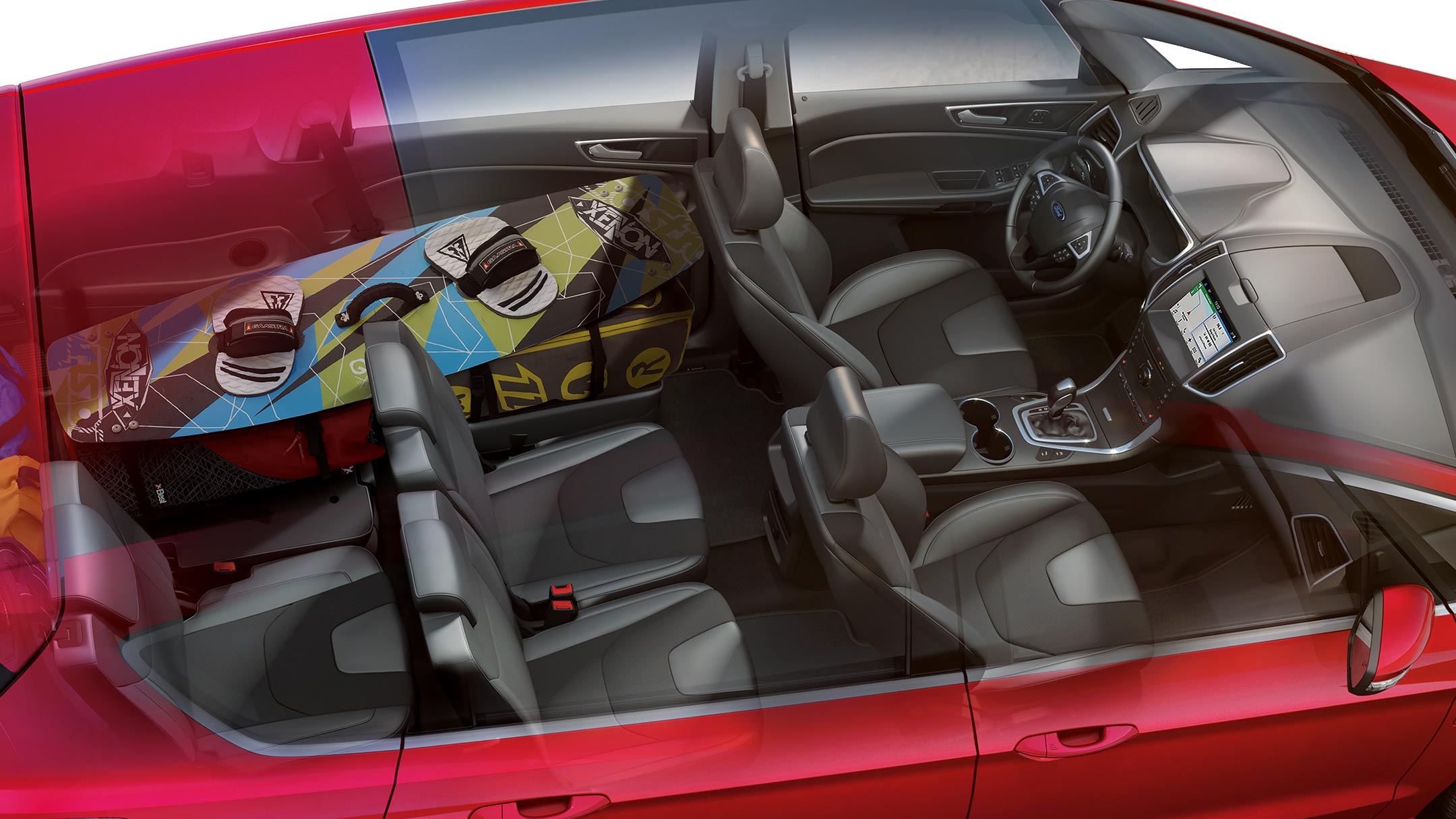 Ford S-MAX Hybrid Rot Innenraum mit viel Gepäck