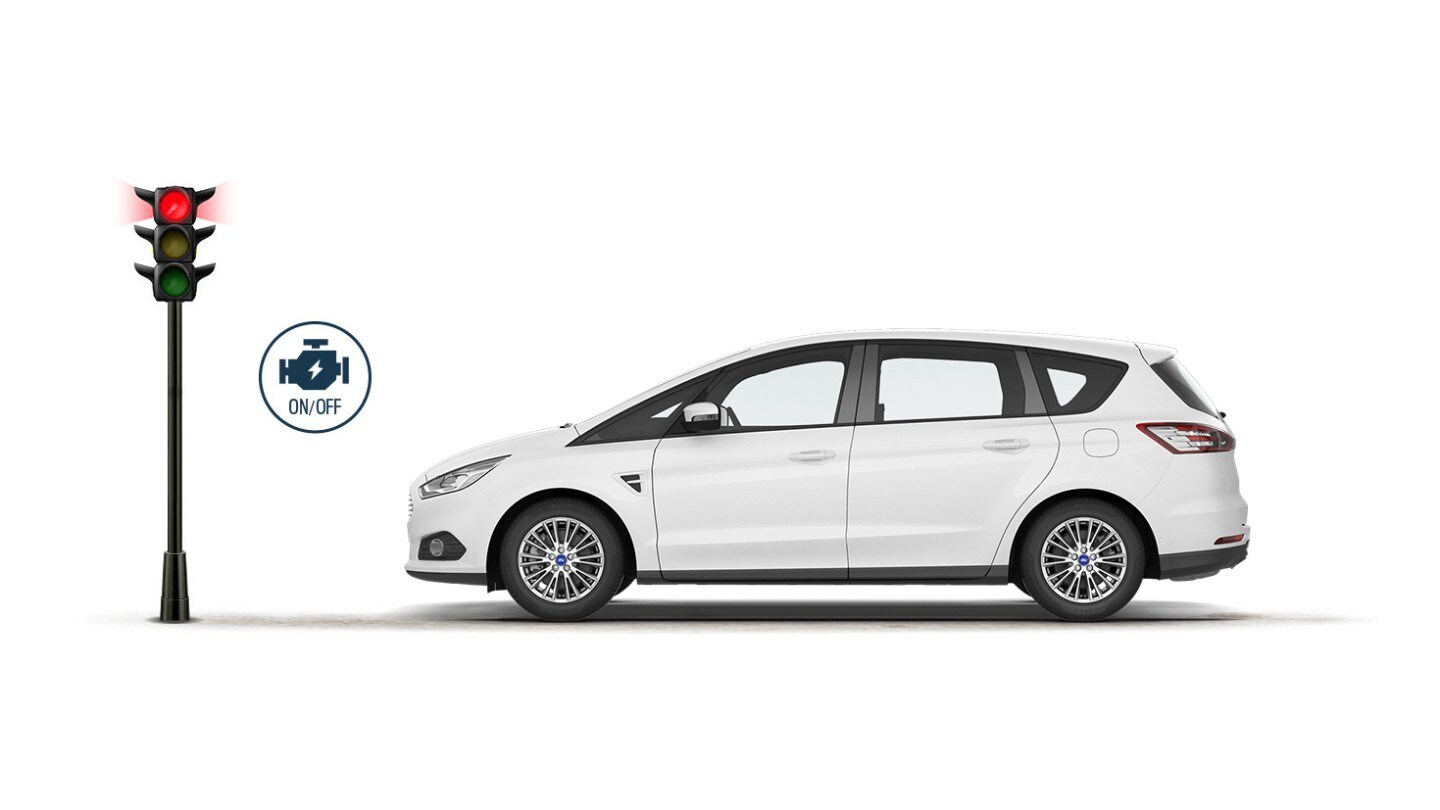 Ford S-MAX Hybrid Weiß Seitenansicht stehend vor einer Ampel