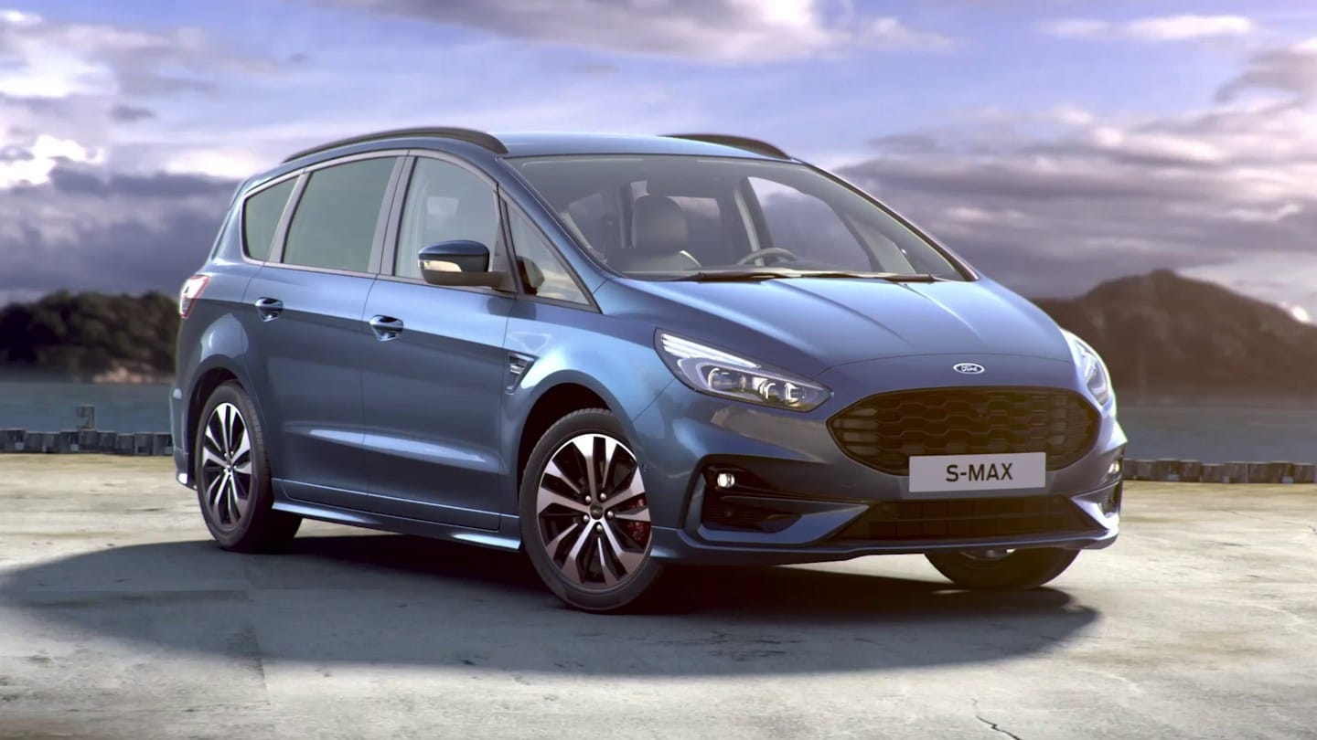 Ford S-MAX Hybrid in Blau. 360° Außenansicht.
