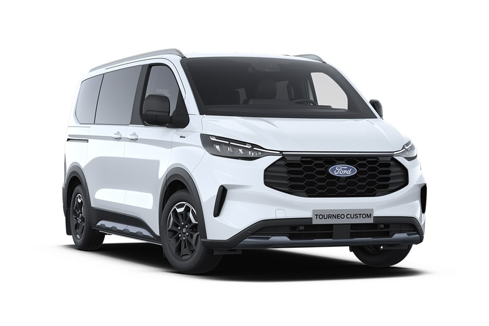 Vordere linke Ecke eines weissen Ford Tourneo Custom Active.