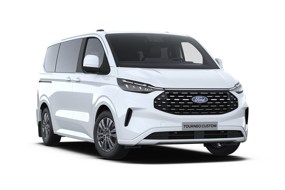 Vordere linke Ecke eines weissen Ford Tourneo Custom Titanium.