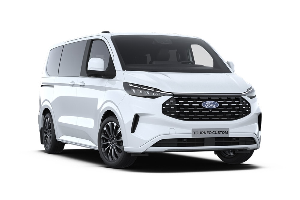 Vordere linke Ecke eines weissen Ford Tourneo Custom Titanium X.