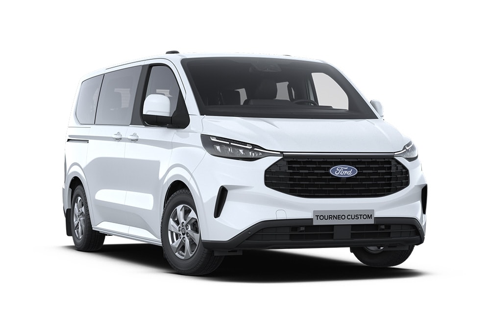 Vordere linke Ecke eines weissen Ford Tourneo Custom Trend.