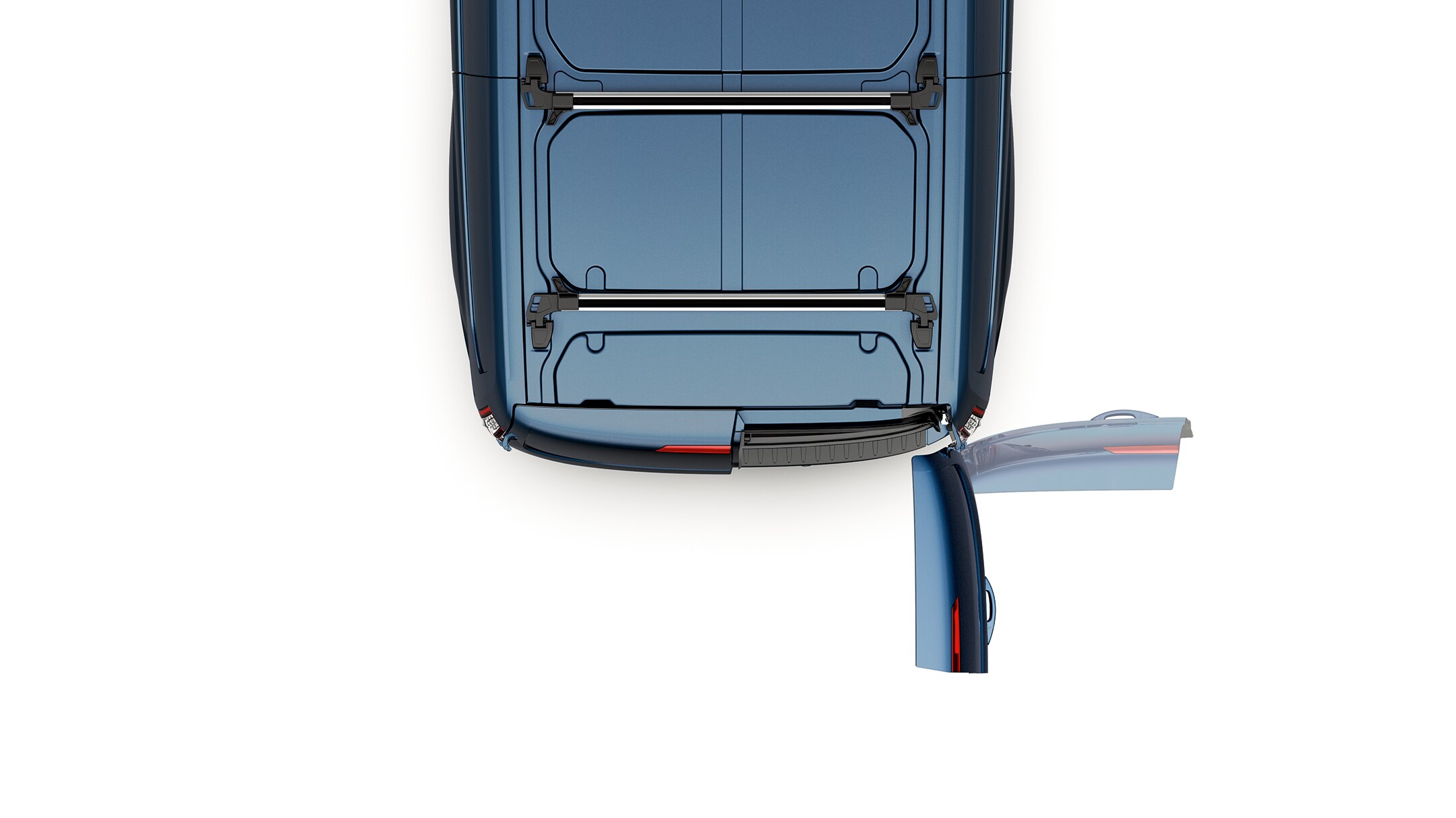 Ford Transit Custom Kastenwagen in Blau Vogelperspektive  Illustration Hecktüren mit 90-Grad-Winkel