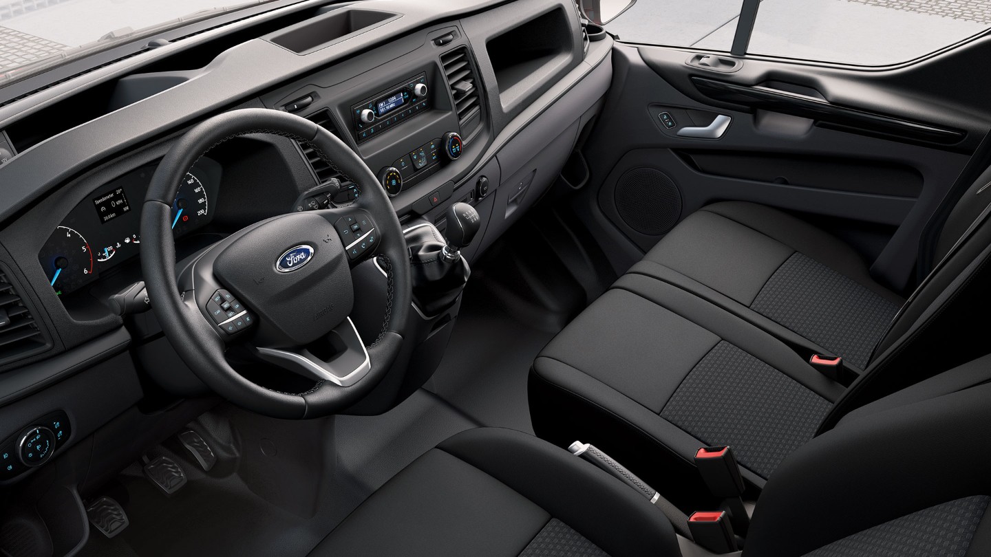Ford Transit Custom Kombi Innenraumansicht Fahrerkabine Beifahrer-Doppelsitz Blick zur Fahrerseite