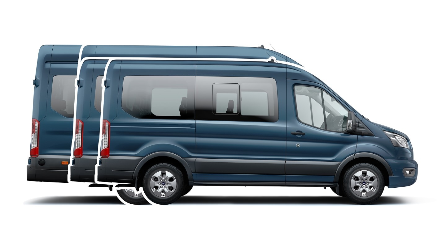 Blauer Ford Transit Bus Reise verschiedene Größen