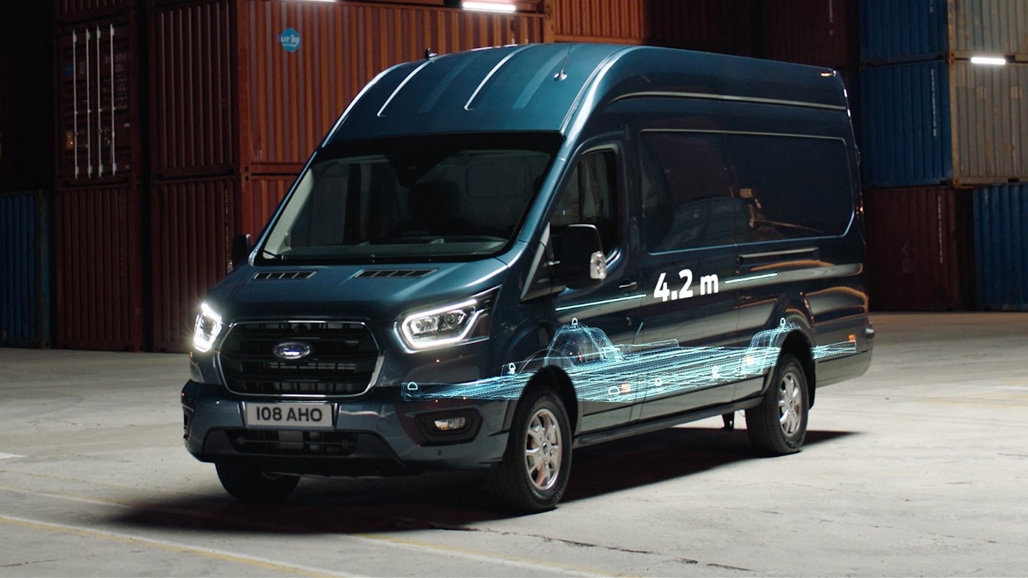 Ford Transit Kastenwagen Blau ¾-Seitenansicht Laderaumlänge Illustration