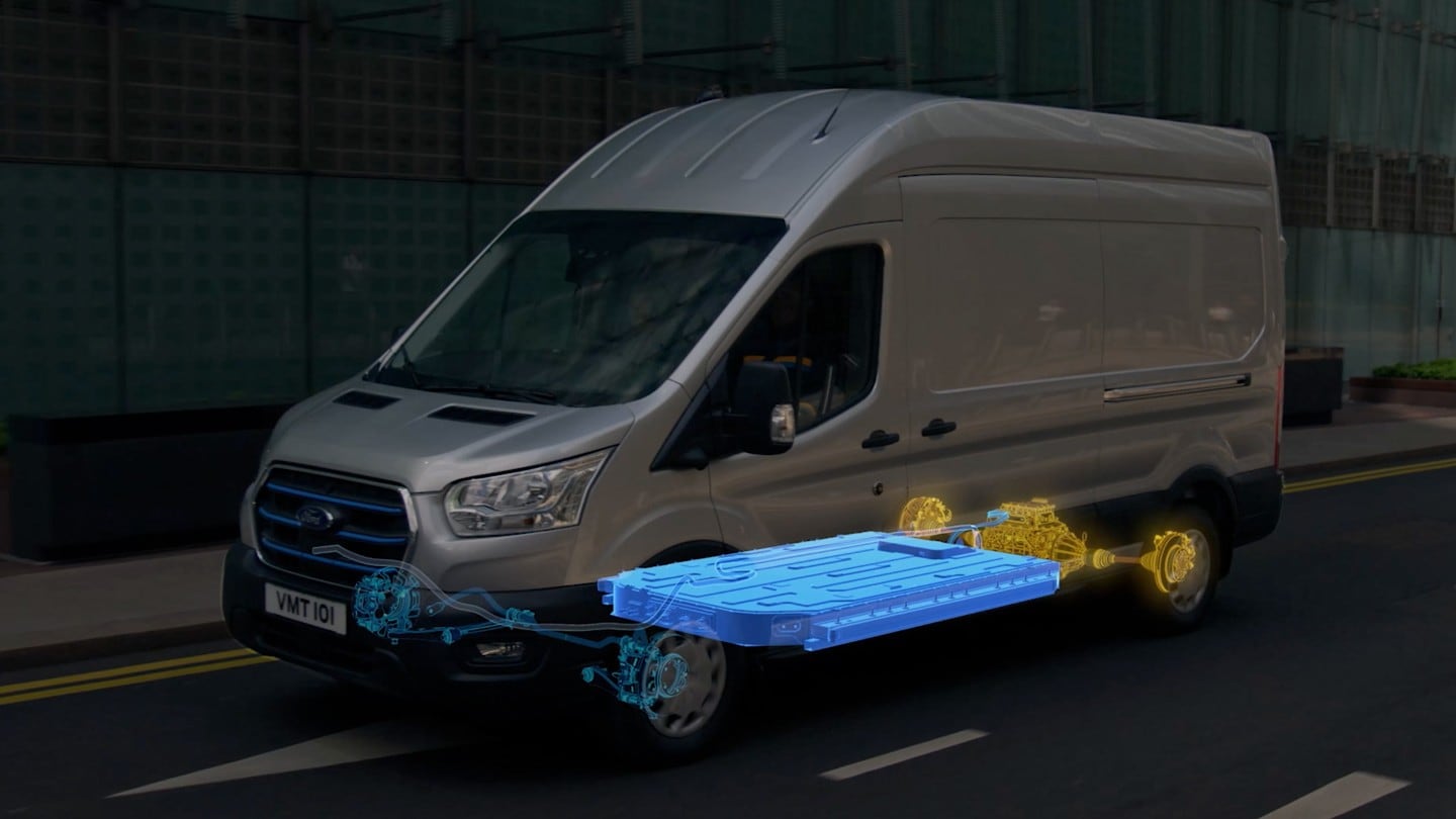 Ford E-Transit in Silber ¾-Seitenansicht Illustration elektrischer Antrieb