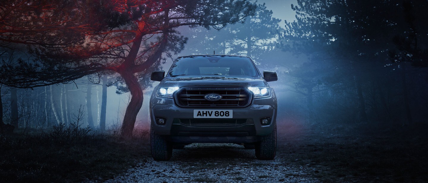 Ford Ranger Wolftrak grau Frontansicht parkt auf Waldweg bei Dämmerung und Nebel